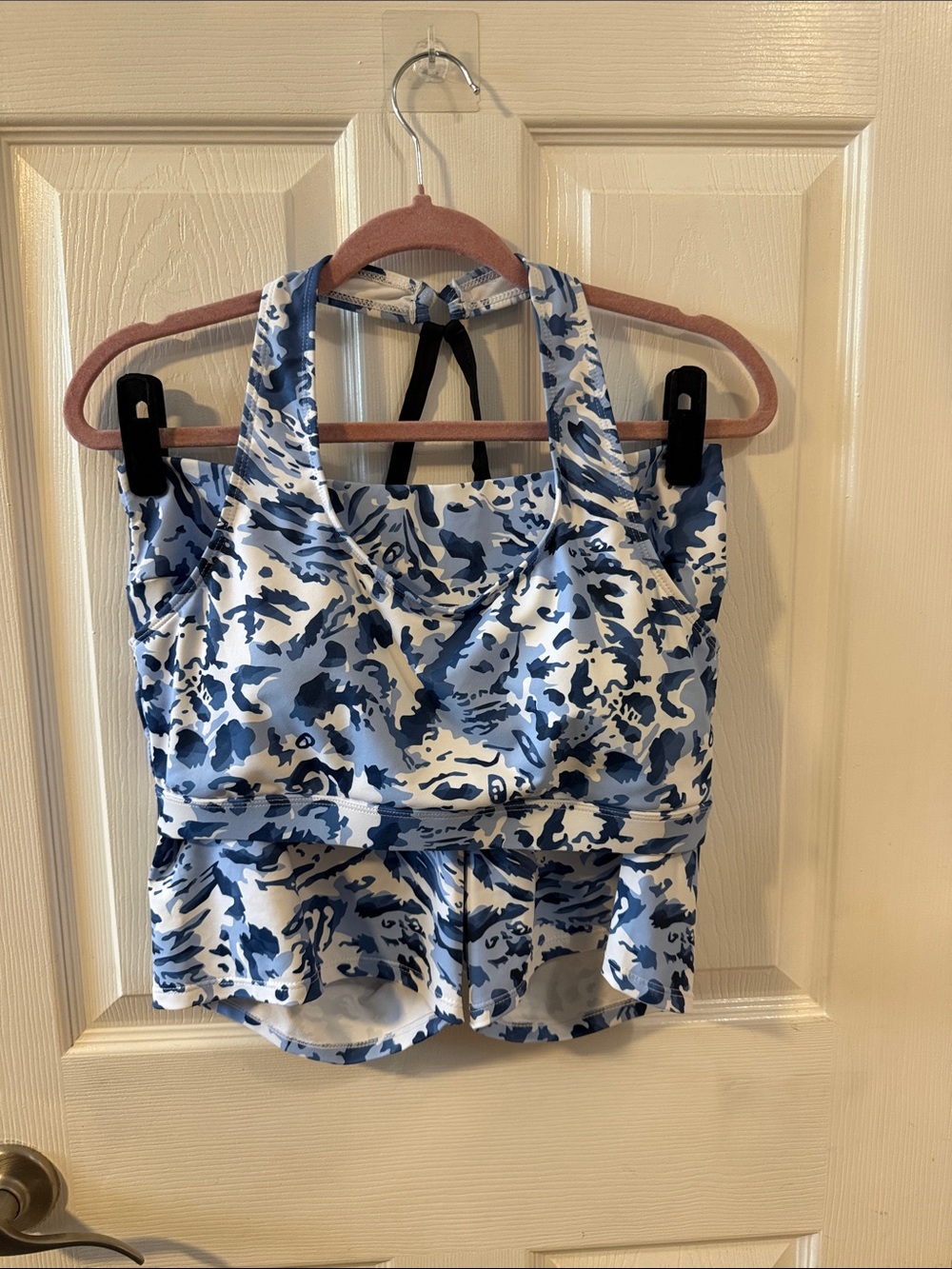 SHEIN Blue & White Printed Halter active Tank and shorts set